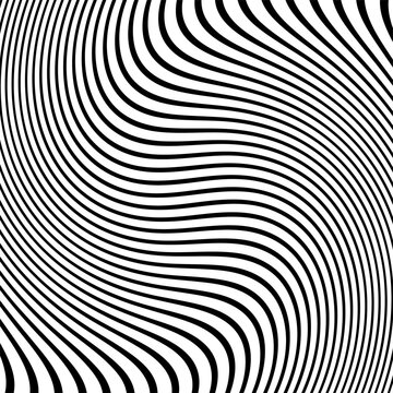 Vector seamless pattern. Abstract op art texture with bold monochrome wavy stripes. Creative background with distorted lines. Decorative black and white striped design with distortion effect.