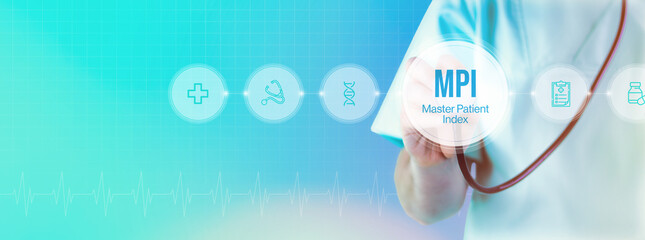 MPI (Master Patient Index). Doctor with stethoscope in focus. Icons and text on a digital...