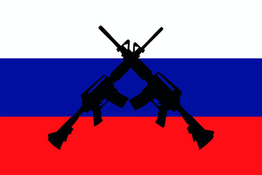 russia at war concept.crossed assault rifles with the flag of russia in the background