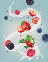 Milk liquid splashing with Mix berries smooth fruit of Tropical fruits on solid color background. Vector in 3D illustrations.