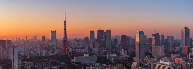 Banne image of Tokyo city view and Tokyo tower at magic hour.