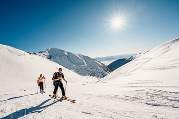 Ziarska dolina, slovakia, 10.2.2022. Mountaineer backcountry ski walking ski alpinist in the...