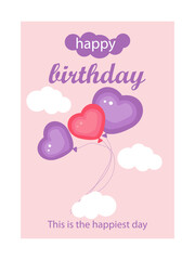 Birthday card. Purple and pink balloons on pink background with clouds and happy birthday inscription. Vector illustration EPS8