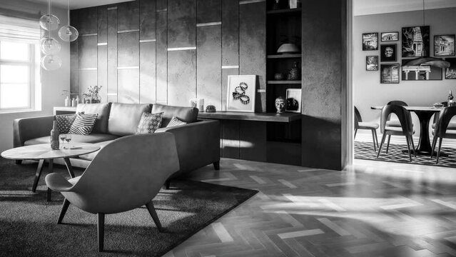 Moderne Wohnungsaptation mit einer mond&auml;nen Einrichtung - loopable 3D Visualization