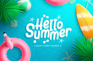 Summer season vector background design. Hello summer text in sea water with floating elements of surfboard and floater for relax outdoor tropical vacation. Vector illustration.
