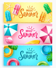 Fototapeta na wymiar Summer greeting vector set design. Hello summer text colorful collection with popsicle, umbrella and floater elements for tropical season banner decoration. Vector illustration. 