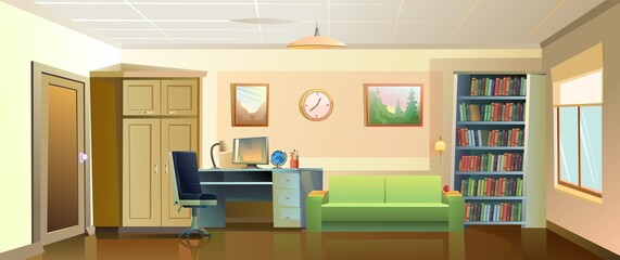 Office for work and study. Work desk with armchair and PC computer. Sofa book shelves. Cozy room. Cartoon funny style illustration. Vector