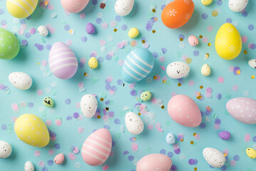 Fototapeta na wymiar Top view photo of easter decorations multicolored easter eggs and festive confetti on isolated pastel blue background