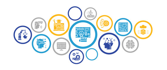 Artificial Intelligence business icons illustration concept. Robotics, Chatbot, Database, Big Data banner design for website and mobile app.