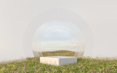 Abstract natural field scene with podium for product display and frosted glass background. 3d...