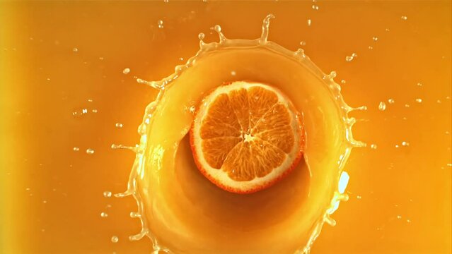 A round piece of fresh orange falls into orange juice with splashes. Top view. Macro background.Filmed is slow motion 1000 fps.