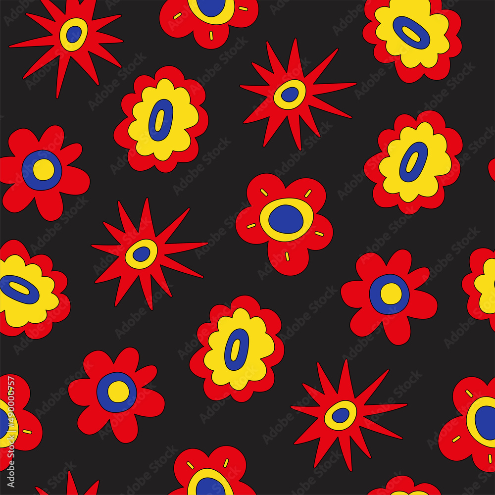 Poster retro seamless pattern of colorful hippie flowers on a black background. vintage festive groovy bota
