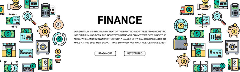 Money and Banking horizontal colorful banner. Credit Card, Currency Exchange, Atm, Terminal illustration. Web banner layout template.