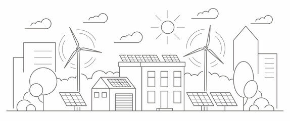 Eco friendly modern house. Alternative wind energy station. Solar panels, wind power. Environment concept vector outline illustration.
