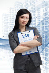 Business, technology, internet and network concept. Young businessman thinks over the steps for successful growth: ESG