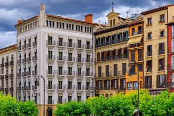 Historic Plaza del Castillo in Pamplona, Spain famous for running of the bulls