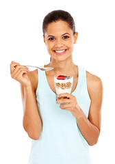 The most important meal of any day. Portrait of an attractive young woman enjoying a delicious...