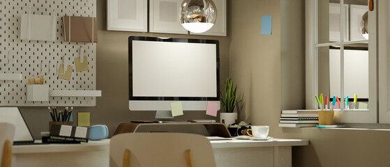 Modern contemporary office workspace studio with pc desktop computer