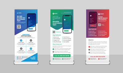 Mobile app promotion roll up banner template with creative layout