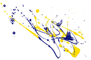 Drops of yellow and blue paint on a white paper background.