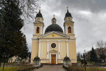 Fototapeta na wymiar View to ancient Cathedral of the Holy Spirit in Chernivtsi, Ukraine. December 2021