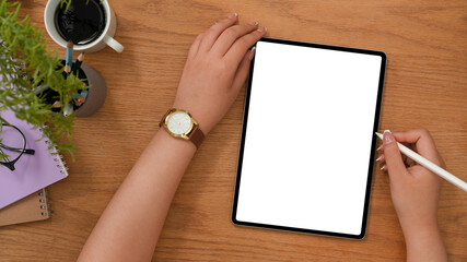 Top view, Female using stylus pen and tablet computer
