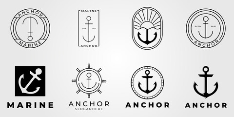 set or bundle Simple Mono Line Art Anchor badge logo design vector