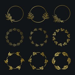 Set of gold Floral frame. Luxury circle frame border floral ornament for background, wedding invitation, thank you card, logo, greeting card.
