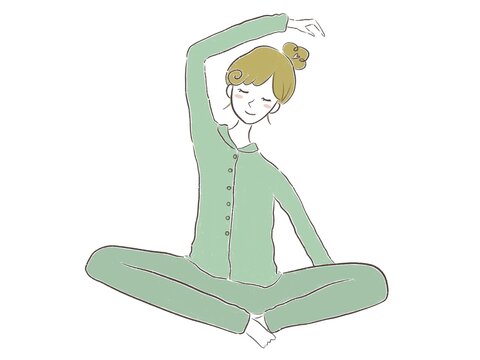 recommend clip art: ストレッチをしてリラックスする女性(線画・グリーン)