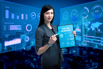 Business, Technology, Internet and network concept. Young businessman working on a virtual screen of the future and sees the inscription: Online seminar