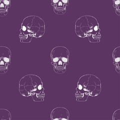 Human skeleton hand drawing. Skull seamless pattern. Halloween wallpaper. Human skeleton hand drawing background.