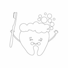 Cute happy smiling tooth with toothbrush and toothpaste hairstyle. Coloring book