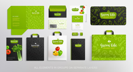 Vegetal logo and branding identity on stationery mock-up template with Realistic vegetables and food package. Business stationery Vegetal brand identity Mock-Up set