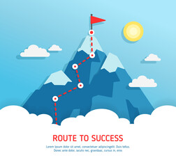Landscape with flag on the mountain. Success in business. . Goal Concept, Mission, Vision, Career path. Vector illustration 