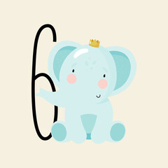 Birthday Party, Greeting Card, Party Invitation. Kids illustration with Cute Elephant and an inscription six. Vector illustration in cartoon style.