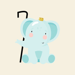 Birthday Party, Greeting Card, Party Invitation. Kids illustration with Cute Elephant and an inscription seven. Vector illustration in cartoon style.