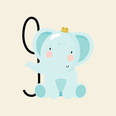 Birthday Party, Greeting Card, Party Invitation. Kids illustration with Cute Elephant and an inscription nine. Vector illustration in cartoon style.