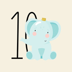 Birthday Party, Greeting Card, Party Invitation. Kids illustration with Cute Elephant and an inscription ten. Vector illustration in cartoon style.