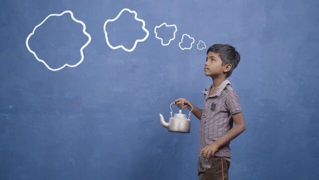 poor tea selling kid thinking by holding tea glass and container in hand with cloud doodle drawing on blue background - cocept of poverty, child labour and imagination