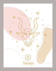 Zodiac Taurus horoscope sign line abstract art silhouette design vector illustration. Creative decorative, Taurus emblem template for mystic logo, calendar print in boho minimal style