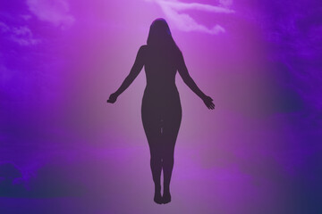 Soft focus. Ascension of the soul. The ghost of a woman ascends to heaven. Immortality, meditation,...