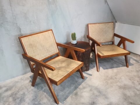 Old-fashioned Rattan And Wooden Framed Chair.