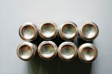 Group of cans for reuse and recycle. Empty cans top view.