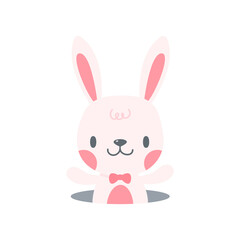 A little rabbit emerges from the hole. cartoon decorative card for children