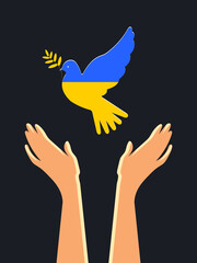 Vertical poster with a dove of peace and the hands of the Ukrainian people in the struggle for peace on a black background. Peace to Ukraine in the symbolic colors of the blue yellow flag. Vector