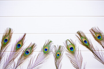 Obraz premium Peacock feathers on a white wooden background as a space for design with place for text.
