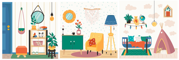 vector set of cozy Scandinavian interiors - hallway, living room, children's room. hand-drawn flat collection of furniture, decor, potted plants inside the house.hugge style for home.