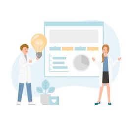 Male or female of paramedic or medical specialist or scientist pointing at presentation board, chart icons, vector set of abstract graphic elements, data statistics, infographics, analytical tools