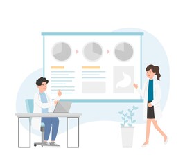 Male or female of paramedic or medical specialist or scientist pointing at presentation board, chart icons, vector set of abstract graphic elements, data statistics, infographics, analytical tools