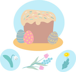 Vector illustration of Easter cake, eggs and spring flowers. Spring flowers: snowdrop, dandelion, tulips, scylla. Easter Illustrations